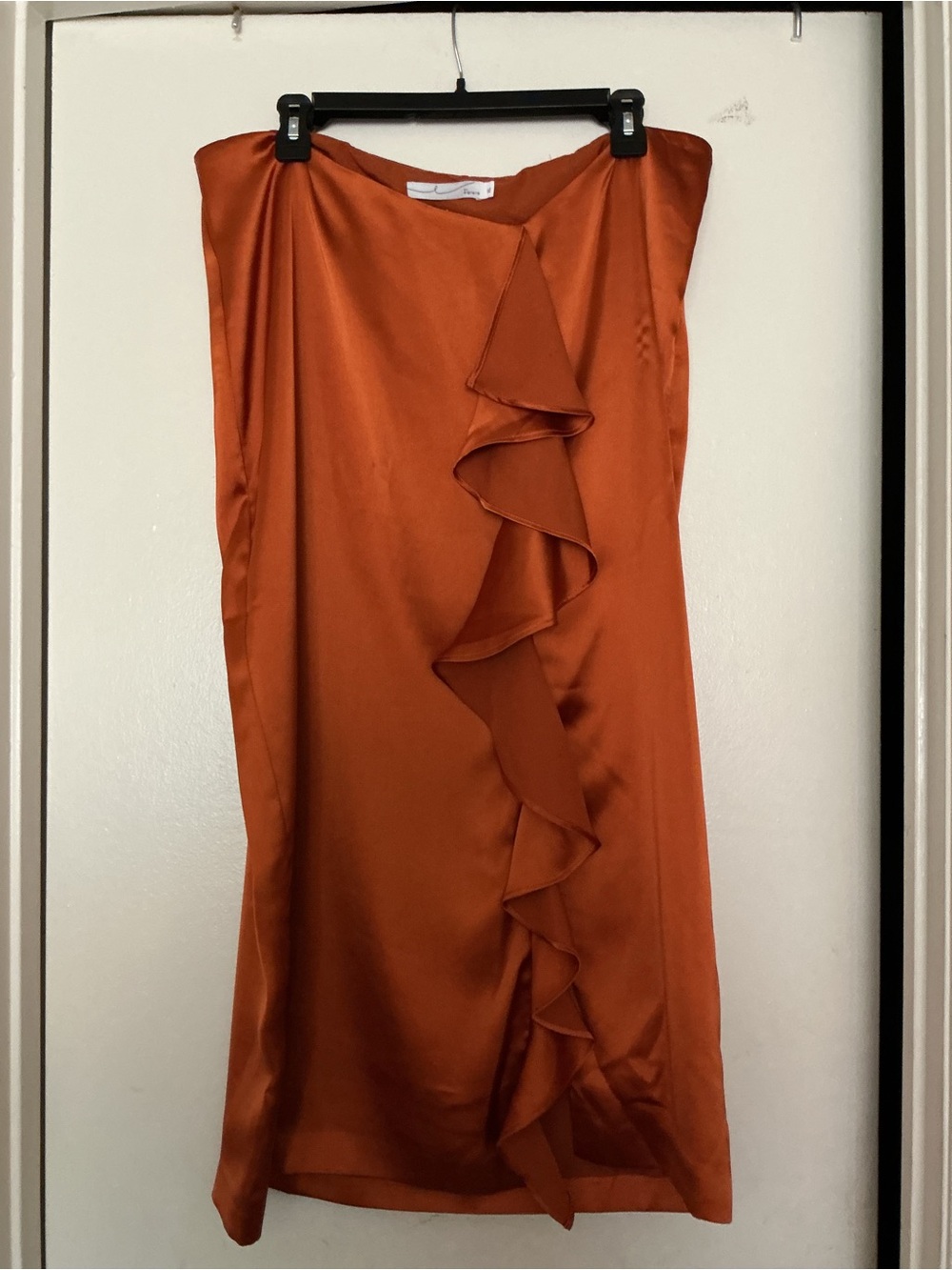 One-Shoulder Rust Satin Dress with Cascade Ruffle